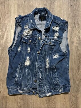 Forever 21 Distressed Dark Blue Denim Sleeveless Jacket